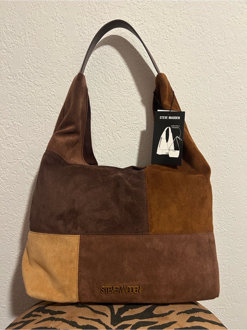 NEW Steve Madden Bcarrey Brown Patchwork Suede Hobo Shoulder Bag